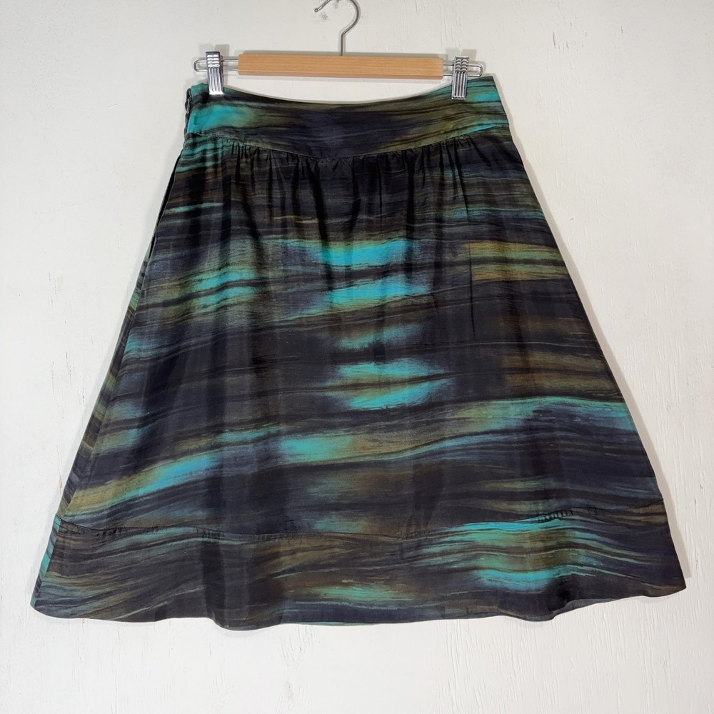 Theory Karley Blue Watercolor 100% Silk Skirt Womens 4 Pockets Lined
